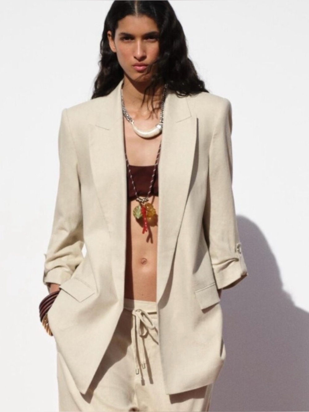 ZARA Roll - Up Sleeve Linen Blend Blazer Open Front Relaxed Fit Size L